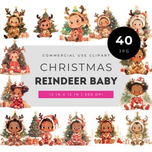 Christmas Baby Clipart, Watercolor Reindeer Costume Kids JPG, Baby First Christmas, Diverse Toddler Onesie, Sublimation, Commercial Use