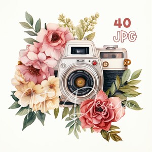 Floral Camera Clipart - 40 JPG di alta qualità - Pianificatore digitale, Junk Journaling, Acquerello, Arte della parete, Uso commerciale, Download digitale, Tazze