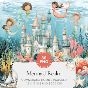 African American Mermaid Realm Clipart - 30 PNG - Digitale planner, junk journaling, wandkunst, commercieel gebruik, sublimatie, scrapbooking