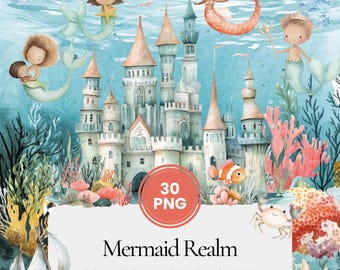 African American Mermaid realm clipart underwater castle bundle cute ocean mermaids watercolor sea animals corals kids crafts invitations