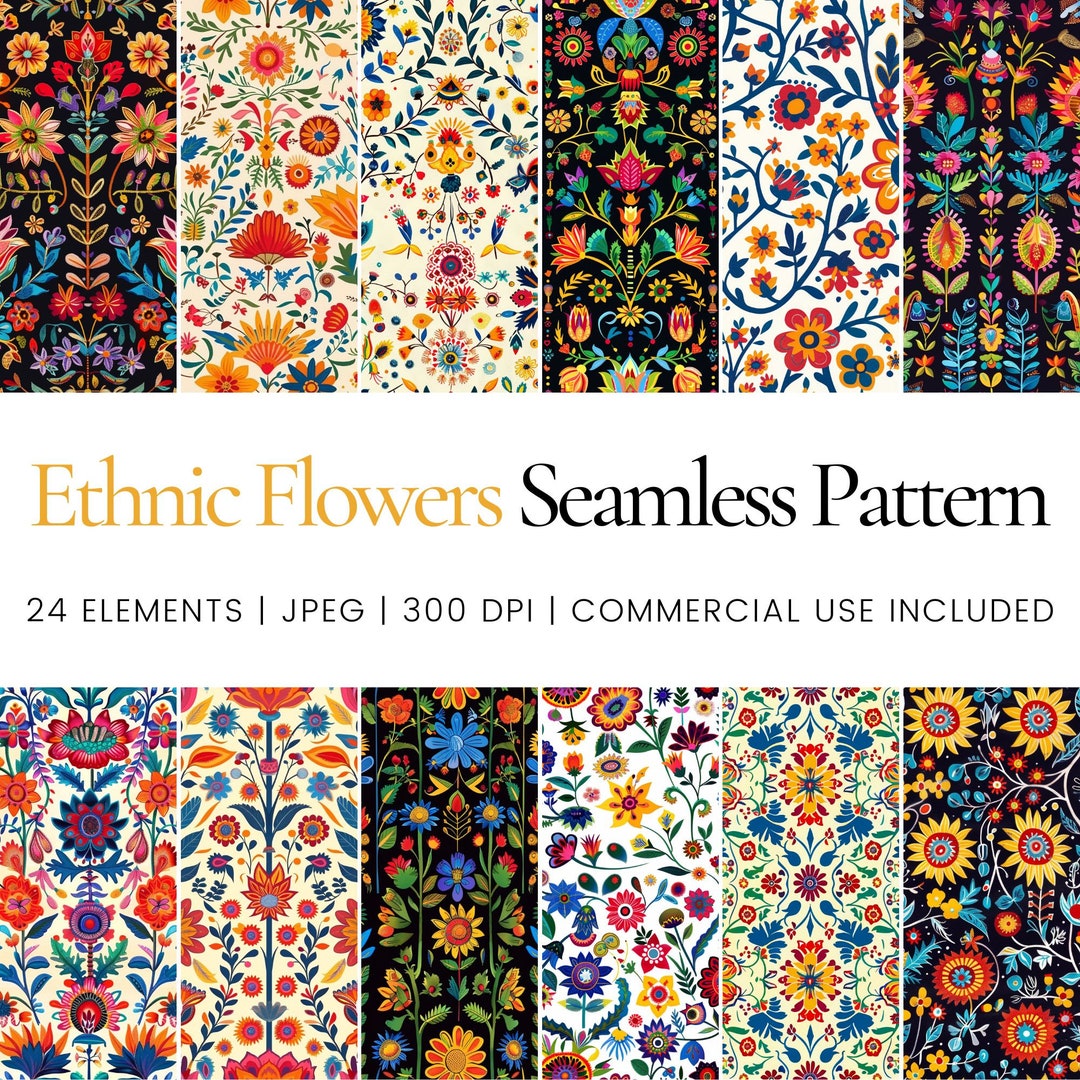 Ethnic Floral Seamless Pattern, Folk Flower Digital Paper Pack ...