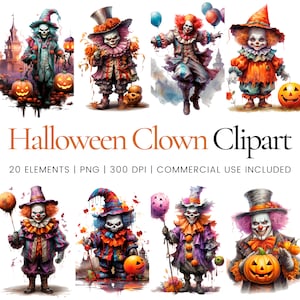 Clipart de palhaço de Halloween - 20 PNGs de alta qualidade - planejador digital, registro de lixo eletrônico, aquarela, uso comercial, download digital