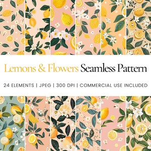 Lemons & Flowers Seamless Repeat Pattern, Digital Papers, Background, Tumbler Wrap, Printable, Commercial Use, Mugs, Apparel, Decor, Journal