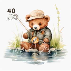 Clipart de pesca de urso fofo - 40 JPG de alta qualidade - planejador digital, diário de lixo, aquarela, arte de parede, uso comercial, download digital