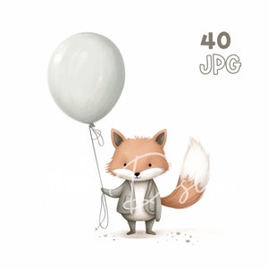 Vos & Ballon Clipart - 40 Hoge Kwaliteit JPG - Digitale Planner, Junk Journaling, Minimalistisch, Commercieel Gebruik, Digitale Download, Mok, Kinderkamer