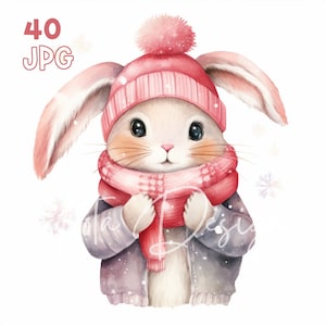 Rosa Winterhase Clipart - 40 hochwertige JPGs - Digitaler Planer, Junk Journaling, Aquarell, Wandkunst, kommerzielle Nutzung, digitaler Download