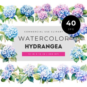 Aquarel hortensia clipart bundel met blauwe en pastelkleurige bloemenillustraties voor uitnodigingen, scrapbooking, wanddecoratie en doe-het-zelfprojecten