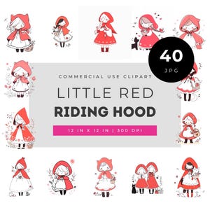 Little Red Riding Hood clipart, cute fairytale girl and wolf illustrations, red cloak PNG bundle for crafts, nursery decor & invitations