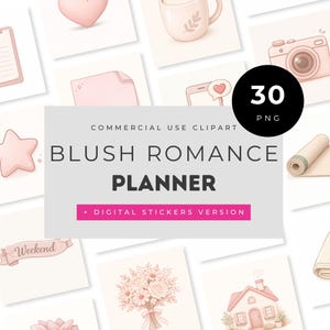 Puede incluir: Una colección de imágenes prediseñadas digitales en tonos rubor, que incluyen un corazón, una taza de café, una cámara y un ramo de flores. El texto dice "Blush Romance Planner" y "Digital Stickers Version". Hay 30 imágenes PNG.