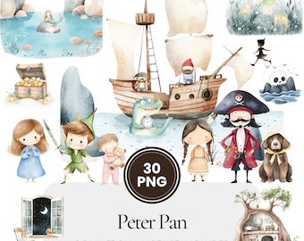 Peter Pan Clipart - 30 PNG - Digital Planner, Junk Journaling, Wall Art, Commercial Use, Sublimation, Scrapbooking, Cards, Mugs, Birthday