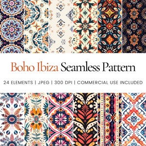 Puede incluir: Un conjunto de 24 patrones digitales sin costuras en estilo boho Ibiza. Los patrones presentan formas geométricas, motivos florales y colores brillantes como naranja, azul y rosa. Los patrones son perfectos para crear diseños únicos para telas, papeles pintados y otros proyectos.