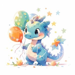 Puede incluir: Un drag&oacute;n azul y verde con una expresi&oacute;n amigable sostiene dos globos, uno naranja y otro verde con lunares blancos. El drag&oacute;n tiene una flor amarilla en su cola.