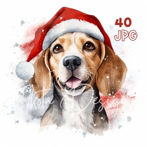 Christmas Beagle Dog Clipart - 40 High Quality JPGs - Digital Planner, Junk Journaling, Watercolor, Commercial Use, Digital Download