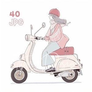 Scooter Girl Clipart - 40 High Quality JPGs - Digital Planner, Junk Journaling, Simple Lines, Wall Art, Commercial Use, Digital Download