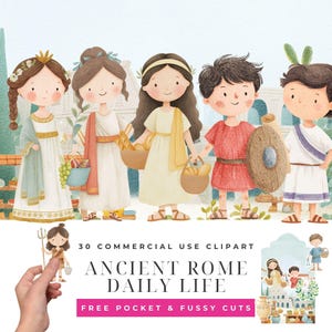 Puede incluir: Ilustración en acuarela de cinco figuras de dibujos animados vestidas con atuendo de la Antigua Roma. Las figuras sostienen cestas, escudos y otros objetos. El texto "ANCIENT ROME DAILY LIFE" se muestra debajo, junto con "30 COMMERCIAL USE CLIPART" y "FREE POCKET & FUSSY CUTS".