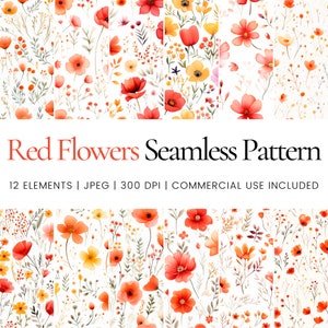 Puede incluir: Un conjunto de 12 patrones sin costuras con flores rojas y amarillas sobre un fondo blanco. Los patrones son perfectos para usar en proyectos digitales e impresos.