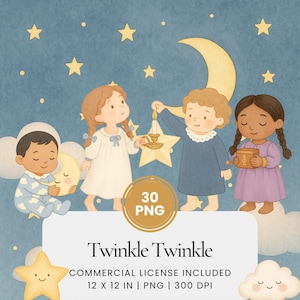 Twinkle Twinkle Little Star aquarel clipart, kinderliedje PNG-bundel, babyshowersterren, maanwolk kinderkunst, schattig nachthemelontwerp