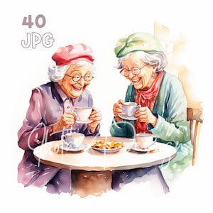 Old Lady Tea Party Clipart - 40 hochwertige JPGs - Digitaler Planer, Junk Journaling, Aquarell, Wandkunst, kommerzielle Nutzung, digitaler Download