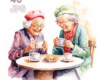 Old Lady Tea Party Clipart - 40 High Quality JPGs - Digital Planner, Junk Journaling, Watercolor, Wall Art, Commercial Use, Digital Download