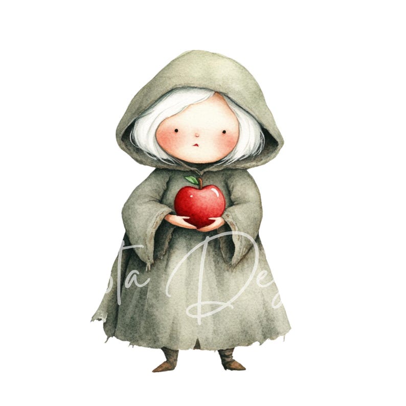 May include: A watercolor illustration of a young person wearing a gray hooded cloak and holding a red apple. The person has white hair and a sweet expression.