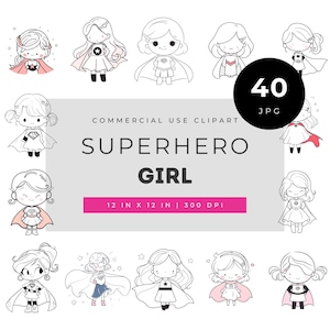 Superhero girl clipart set, cute little heroine bundle, minimalist kids in capes line art, adorable comic adventure character graphics pack