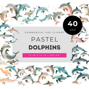 Pastel Watercolor Dolphin Clipart Set, Cute Ocean Animal Illustrations, Soft Sea Life Art for Nursery Decor and Creative Projects