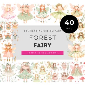 Forest fairy clipart set for girl crafts, woodland faerie illustrations for invitations, enchanted green sprite art for scrapbooking designs
