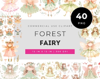 Forest fairy clipart set for girl crafts, woodland faerie illustrations for invitations, enchanted green sprite art for scrapbooking designs