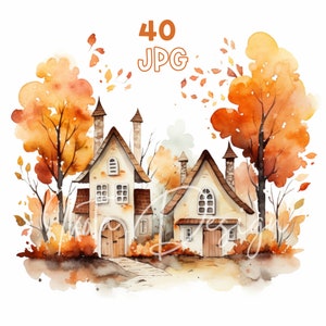 Quirky Autumn Houses Clipart - 40 JPG de haute qualité - Planificateur numérique, Junk Journaling, Aquarelle, Utilisation commerciale, Téléchargement numérique, Tasses