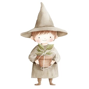 May include: A watercolor illustration of a young wizard wearing a brown pointed hat and a brown robe, holding a potted green plant.