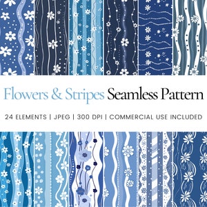 Flowers & Stripes Seamless Repeat Pattern, Digital Papers, Background, Tumbler Wrap, Printable, Commercial Use, Mug, Apparel, Home Decor