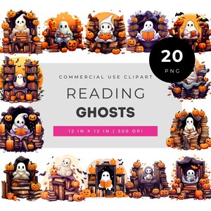 Clipart em aquarela de fantasmas lendo, fantasmas de Halloween com livros e abóboras, arte aconchegante e assustadora de biblioteca, conjunto de PNGs de fantasmas à luz de velas no outono imagem 1