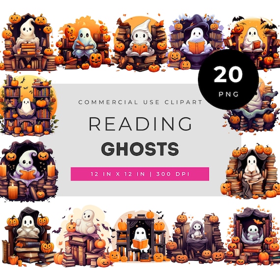 Reading ghost watercolor clipart, halloween ghosts with books and pumpkins, cozy spooky library art, autumn candlelight ghost png set