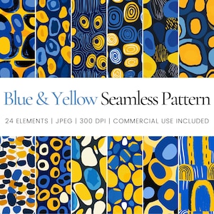 Puede incluir: Un conjunto de 24 patrones sin costuras con formas abstractas azules y amarillas. Los patrones son perfectos para crear fondos, papel de regalo o diseños de telas.