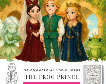 Clipart acquerello del Principe Ranocchio, illustrazione di una fiaba, grafica di una principessa e di una rana, set di PNG di arte fantasy, mini libro da colorare bonus