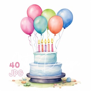 Birthday Cake & Balloons Clipart - 40 High Quality JPG - Digital Planner, Junk Journaling, Watercolor, Wall Art, Commercial Use, Mugs