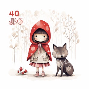 Rotkäppchen Clipart - 40 hochwertige JPGs - Digitaler Planer, Junk Journaling, minimalistisch, Wandkunst, kommerzielle Nutzung, Tassen