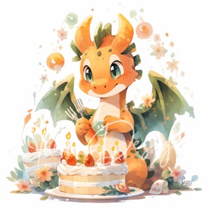 Puede incluir: Un lindo drag&oacute;n naranja con alas verdes sostiene un tenedor y un peque&ntilde;o pastel verde. El drag&oacute;n est&aacute; de pie junto a un pastel de cumplea&ntilde;os blanco y amarillo con velas.