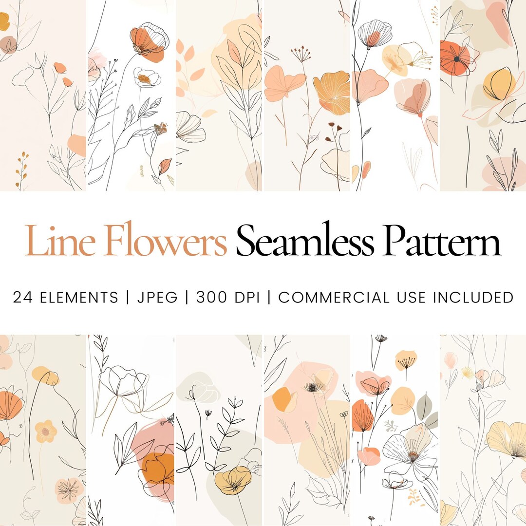 Line Flowers Seamless Repeat Pattern, Digital Paper, Background ...