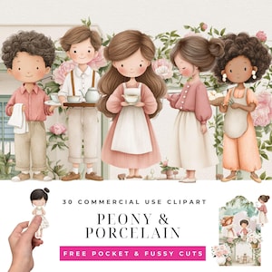 Puede incluir: Ilustración en acuarela con cinco figuras estilizadas con atuendos en colores pastel, sosteniendo tazas de té, bandejas y ropa de cama. El fondo incluye elementos florales y el texto "PEONY & PORCELAIN" y "30 COMMERCIAL USE CLIPART".