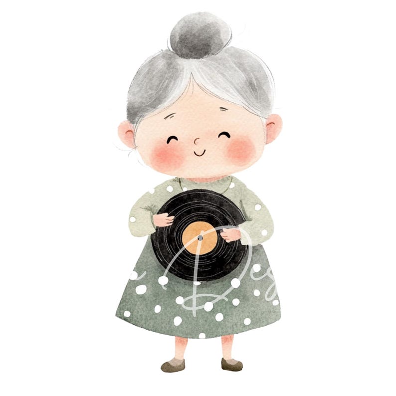 May include: A watercolor illustration of a cartoon woman with gray hair wearing a green dress with white polka dots. She is holding a black vinyl record in front of her.