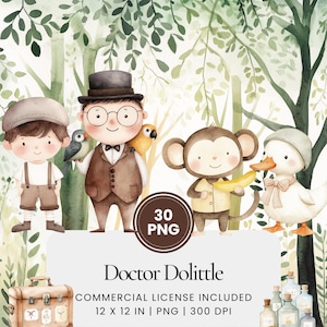 Doctor Dolittle Clipart - 30 PNG - Digitale planner, junk journaling, boeken, commercieel gebruik, sublimatie, scrapbooking, kaarten, stickers