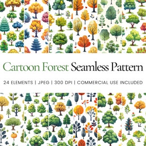 Cartoon Forest Seamless Repeat Pattern, Digital Papers, Background, Tumbler Wrap, Printable, Commercial Use, Mug, Home Decor, Junk Journal