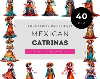 Clipart de catrinas mexicanas, conjunto de ilustrações da mulher do Dia dos Mortos, arte colorida de caveira de açúcar, traje folclórico mexicano tradicional em PNG.