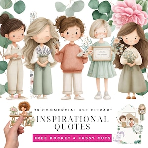 Puede incluir: Clipart digital con cinco chicas ilustradas, cada una sosteniendo objetos como flores, pinceles y un letrero con texto. La imagen incluye el texto "30 Commercial Use Clipart", "Inspirational Quotes" y "Free Pocket & Fussy Cuts."