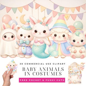 May include: A digital illustration featuring five baby animals in costumes: a ghost bunny, a bear, a bunny with a party hat, a mermaid bunny, and a wizard lamb. The image includes text that reads "30 Commercial Use Clipart" and "Baby Animals in Costumes".
