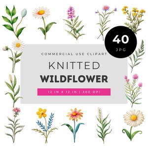 Knitted Wildflower Clipart Bundle Embroidery Flower Illustrations Cottagecore Floral Design Botanical Needlework Graphics for Crafts