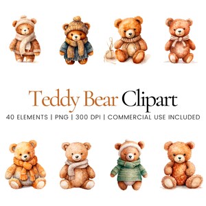 Teddy Bear Clipart - 40 High Quality PNGs - Digital Planner, Junk Journaling, Watercolor, Commercial Use, Digital Download