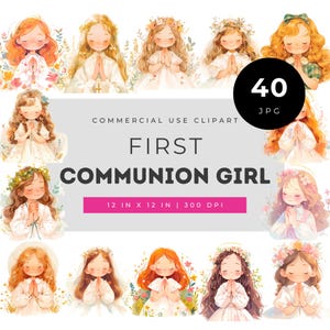 First Communion Girl Clipart Bundle, Catholic Printable Art Set for Invitations, Christian Sacrament Graphics, Religious for Prayer Journals