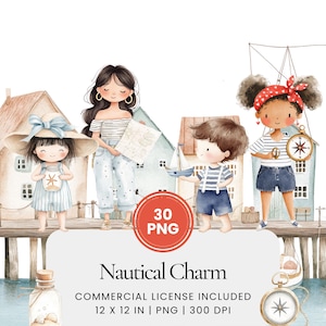 Clipart de charme nautique - 30 PNG - Planificateur numérique, journal intime, scène, utilisation commerciale, sublimation, scrapbooking, cartes, autocollants, tasses